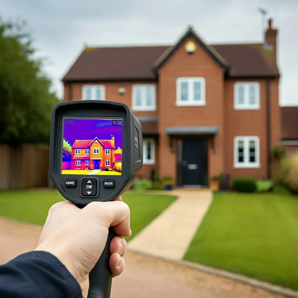 Surveyor using infrared camera showing how thermal imaging provides insights to home improvements
